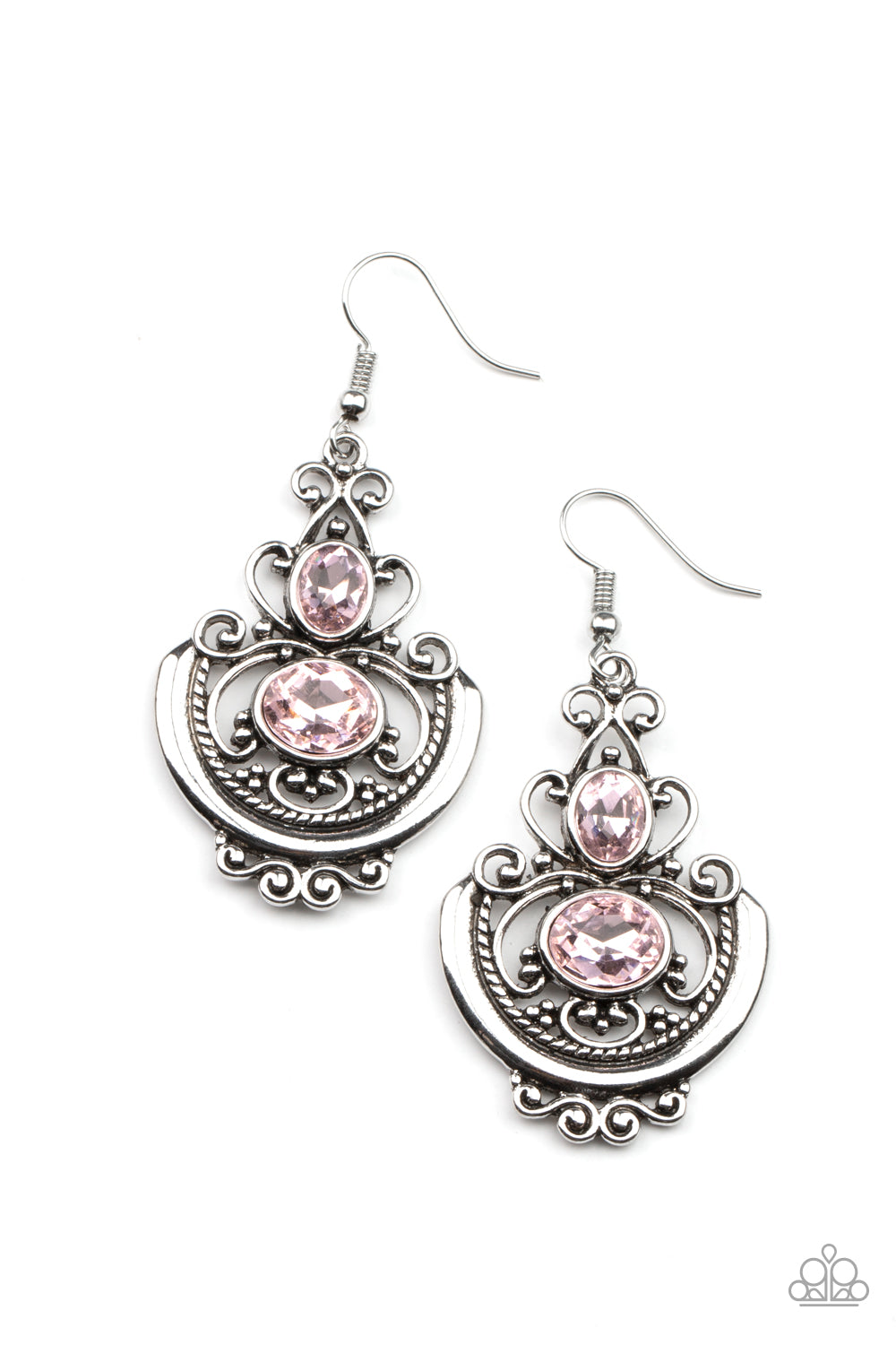 Unlimited Vacation Pink Earring - Paparazzi Accessories  Oval pink rhinestones embellish an ornate silver frame swirling with studded and textured silver filigree, coalescing into an elegant lure. Earring attaches to a standard fishhook fitting.  ﻿All Paparazzi Accessories are lead free and nickel free!  Sold as one pair of earrings.