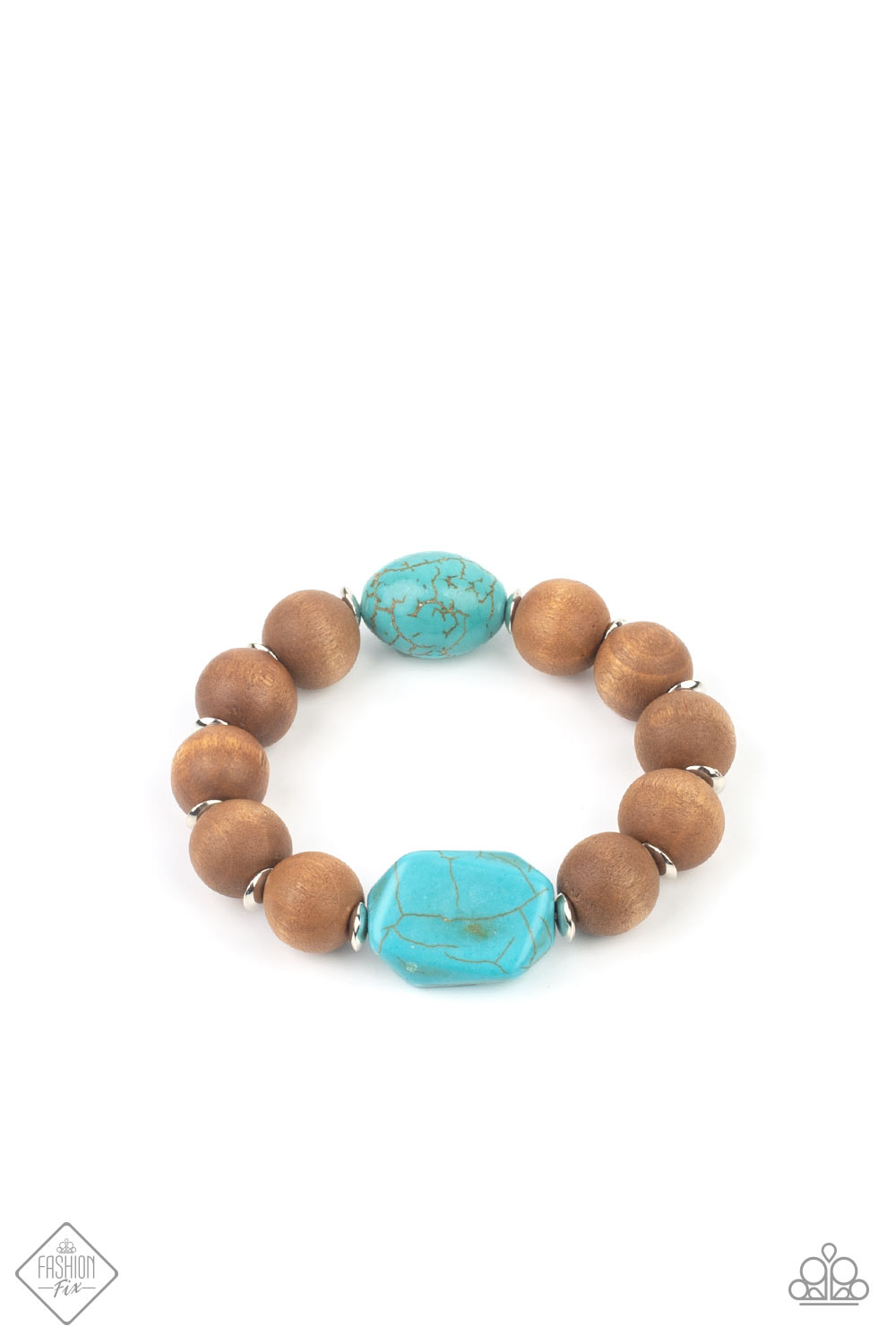 Abundantly Artisan Blue Bracelet - Paparazzi Accessories.  Oversized brown wooden beads and mismatched turquoise stone accents are separated by dainty silver discs and threaded along a stretchy band, creating an earthy centerpiece around the wrist.  ﻿All Paparazzi Accessories are lead free and nickel free!  Sold as one individual bracelet.