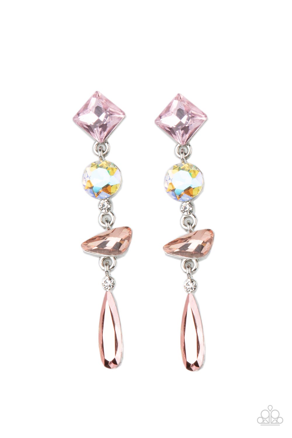 Rock Candy Elegance Pink Earring - Paparazzi Accessories  A mismatched collection of colorfully iridescent and brilliantly sparkling gems are linked together in elegant succession as they fall glamorously from the ear. Earring attaches to a standard post fitting.  Sold as one pair of post earrings.