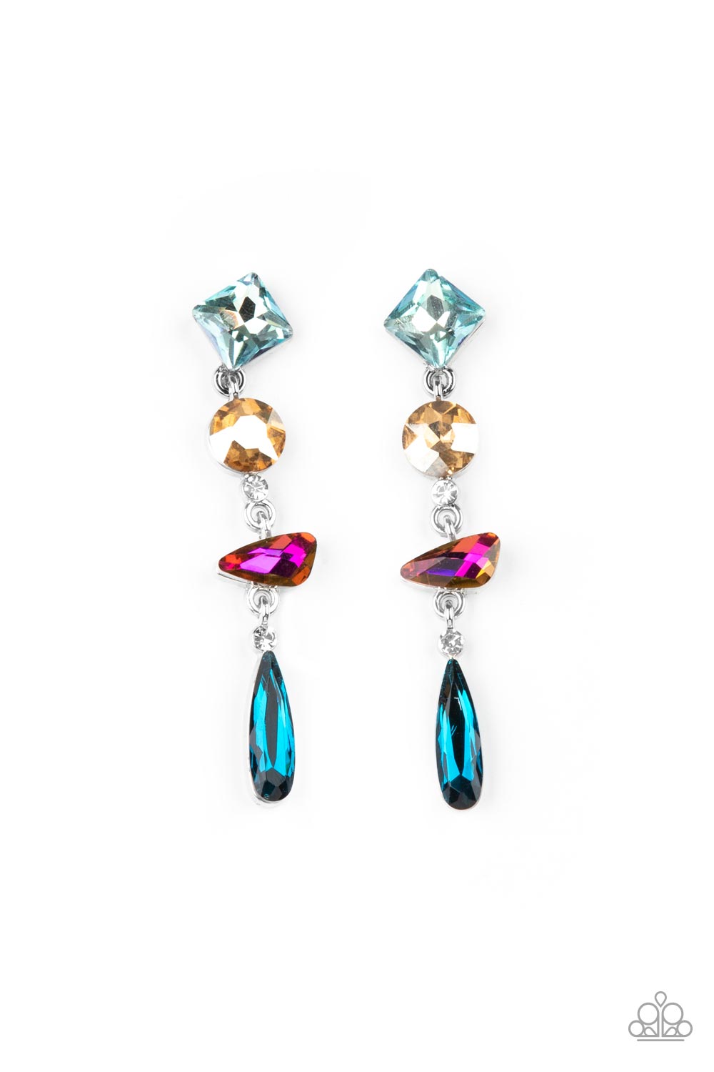 Rock Candy Elegance Multi Earring - Paparazzi Accessories  A mismatched collection of colorfully iridescent and brilliantly sparkling gems are linked together in elegant succession as they fall glamorously from the ear. Earring attaches to a standard post fitting.  All Paparazzi Accessories are lead free and nickel free!  Sold as one pair of post earrings.