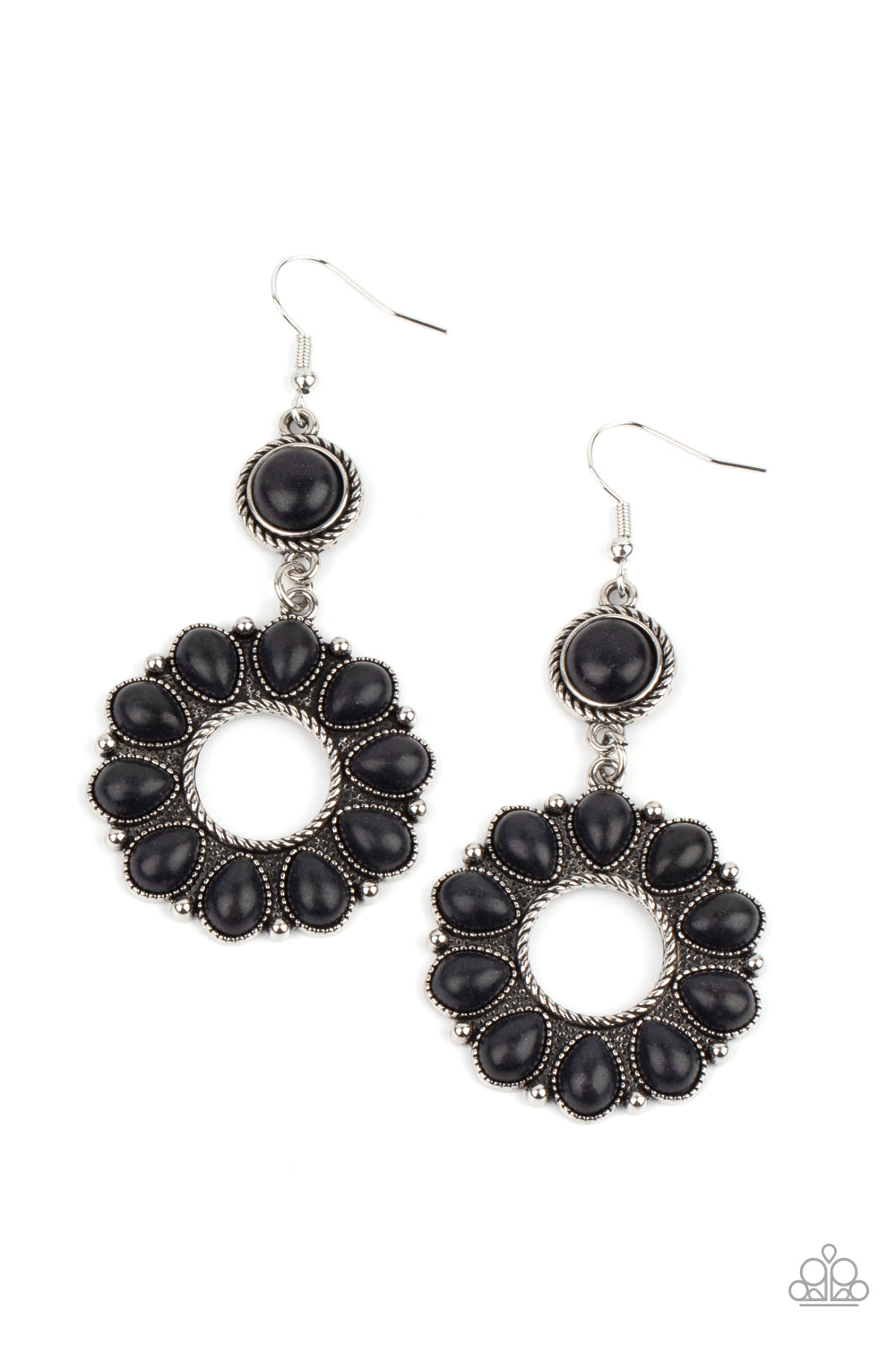 Back At The Ranch Black Earring - Paparazzi Accessories  An earthy collection of black teardrop stones fans out from a textured silver ring, creating a scalloped floral frame dangling from a round black stone encased in a braided silver fitting. Earring attaches to a standard fishhook fitting.  Sold as one pair of earrings.