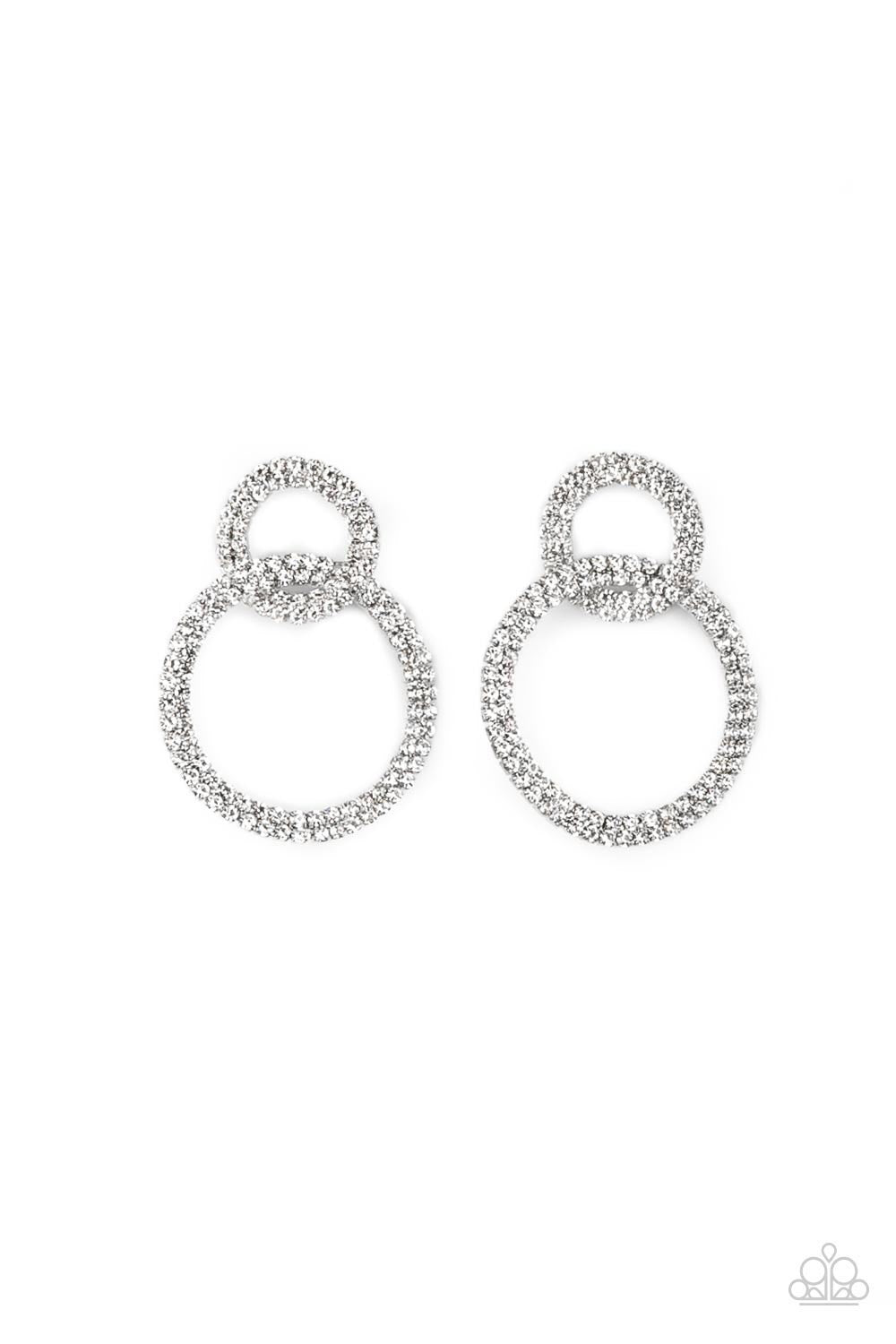 Intensely Icy Black Post Earring - Paparazzi Accessories  Rows of sparkly white rhinestones encircle into two interconnected hoops, creating a jaw-dropping lure. Earring attaches to a standard post fitting.  Sold as one pair of post earrings.