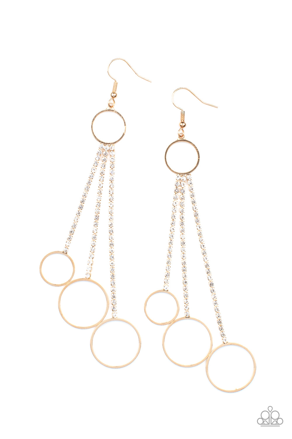 Demurely Dazzling Gold Earring - Paparazzi Accessories  Dainty gold hoops swing from the bottom of glittery strands of glassy white rhinestones that attach to the bottom of a dainty gold ring, creating a tantalizing tassel. Earring attaches to a standard fishhook fitting.  Sold as one pair of earrings.