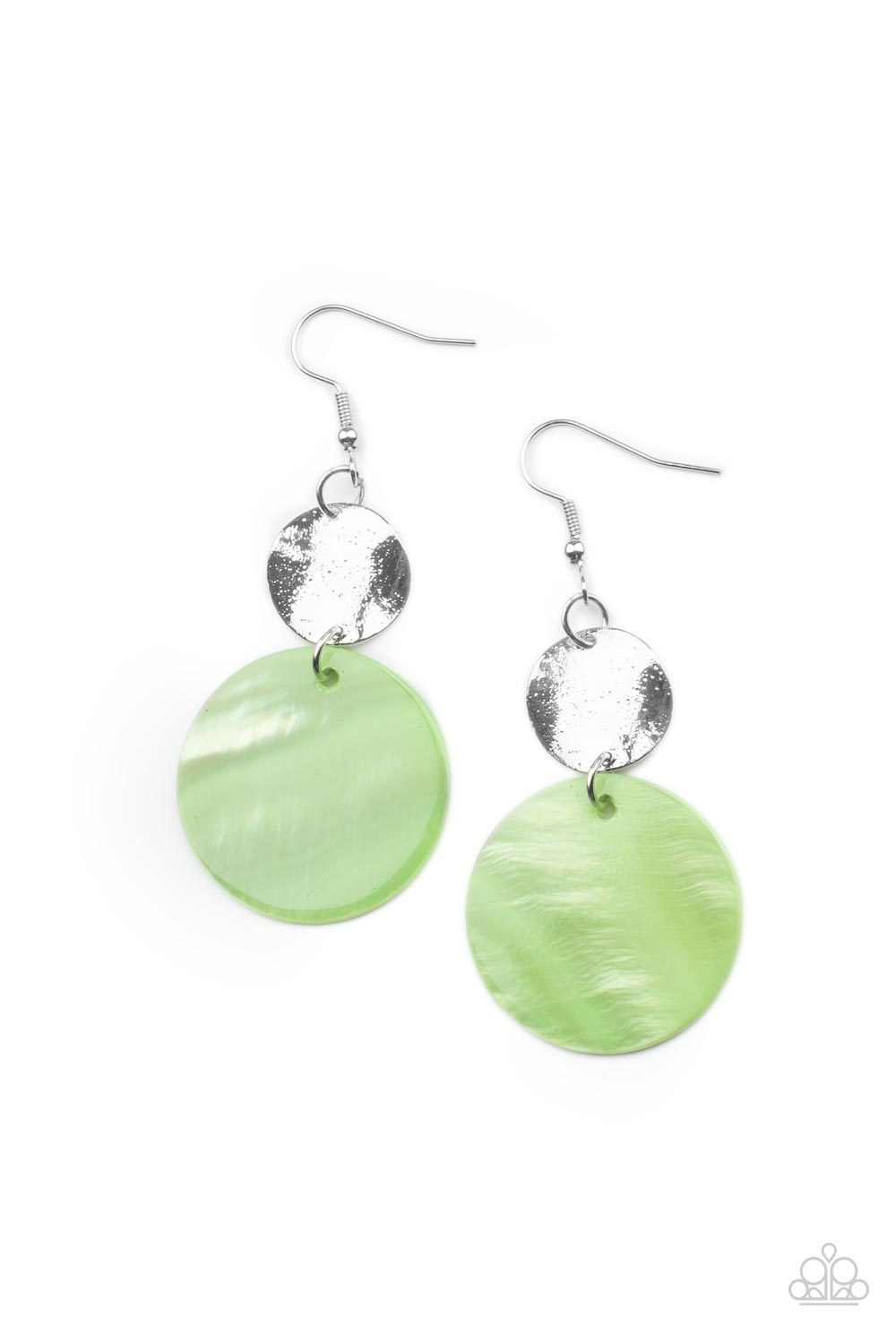 Opulently Oasis Green Earring - Paparazzi Accessories  An oversized green shell-like disc is topped by a wavy, sparkling silver disc. The pair sways dramatically from a silver fitting for a breezy finish. Earring attaches to a standard fishhook fitting.  All Paparazzi Accessories are lead free and nickel free!  Sold as one pair of earrings.