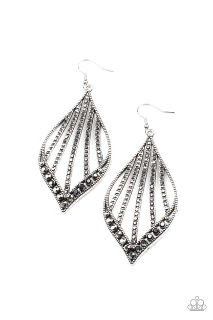 Showcase Sparkle Silver Earring - Paparazzi Accessories  Curved rows of smoky hematite rhinestones streak across the center of a studded marquise shaped silver frame. The bottom of the frame is encrusted in matching hematite rhinestones, creating a dramatic centerpiece. Earring attaches to a standard fishhook fitting.  Sold as one pair of earrings.