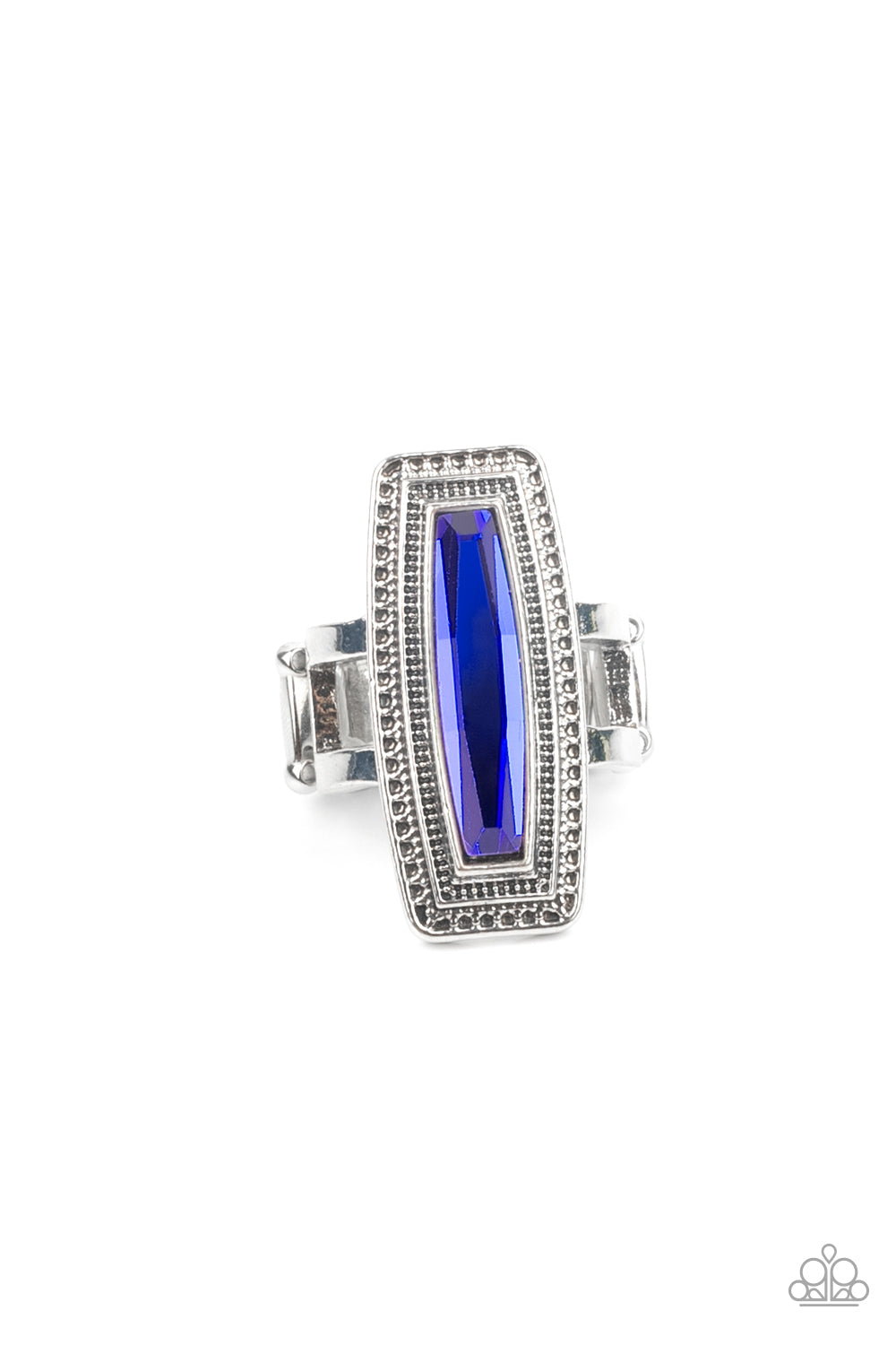 Luminary Luster Blue Ring - Paparazzi Accessories  An elongated UV gem is pressed into the center of a studded silver frame atop layered silver bands, creating a stellar centerpiece atop the finger. Features a stretchy band for a flexible fit.  Sold as one individual ring.