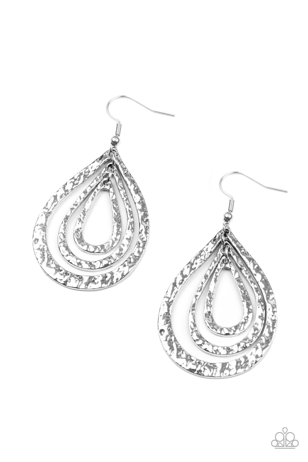 Plains Pathfinder - Silver Item #P5BA-SVXX-123XX Hammered in a rustic finish, three distressed silver teardrops delicately link into a gritty lure for a seasonal look. Earring attaches to a standard fishhook fitting.  Sold as one pair of earrings.