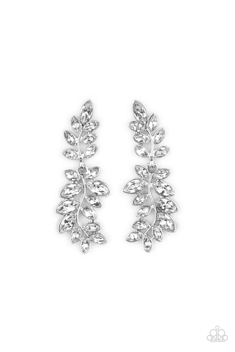 Frond Fairytale White Post Earring - Paparazzi Accessories  Dotted with dainty white rhinestones, two leafy silver frames delicately link into a twinkly trestle for a timeless finish. Earring attaches to a standard post fitting.  Sold as one pair of post earrings.