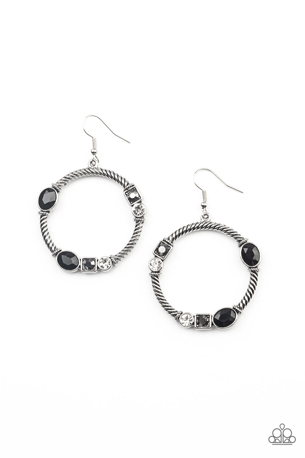 Glamorous Garland Multi Earring - Paparazzi Accessories. A glittery collection of black oval, square hematite, and classic white rhinestones haphazardly adorn the front of a textured silver hoop, for a gritty-glamorous look. Earring attaches to standard fishhook fittings.  All Paparazzi Accessories are lead free and nickel free!  Sold as one pair of earrings.