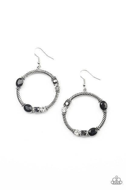 Glamorous Garland Multi Earring - Paparazzi Accessories. A glittery collection of black oval, square hematite, and classic white rhinestones haphazardly adorn the front of a textured silver hoop, for a gritty-glamorous look. Earring attaches to standard fishhook fittings.  All Paparazzi Accessories are lead free and nickel free!  Sold as one pair of earrings.