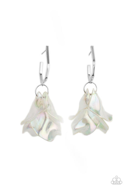 Jaw-Droppingly Jelly Silver Earring - Paparazzi Accessories  A cluster of iridescent acrylic petals swing from the bottom of a dainty silver geometric hoop, creating an ethereal edge. Earring attaches to a standard post fitting. Hoop measures approximately 1" in diameter.  Sold as one pair of hoop earrings.