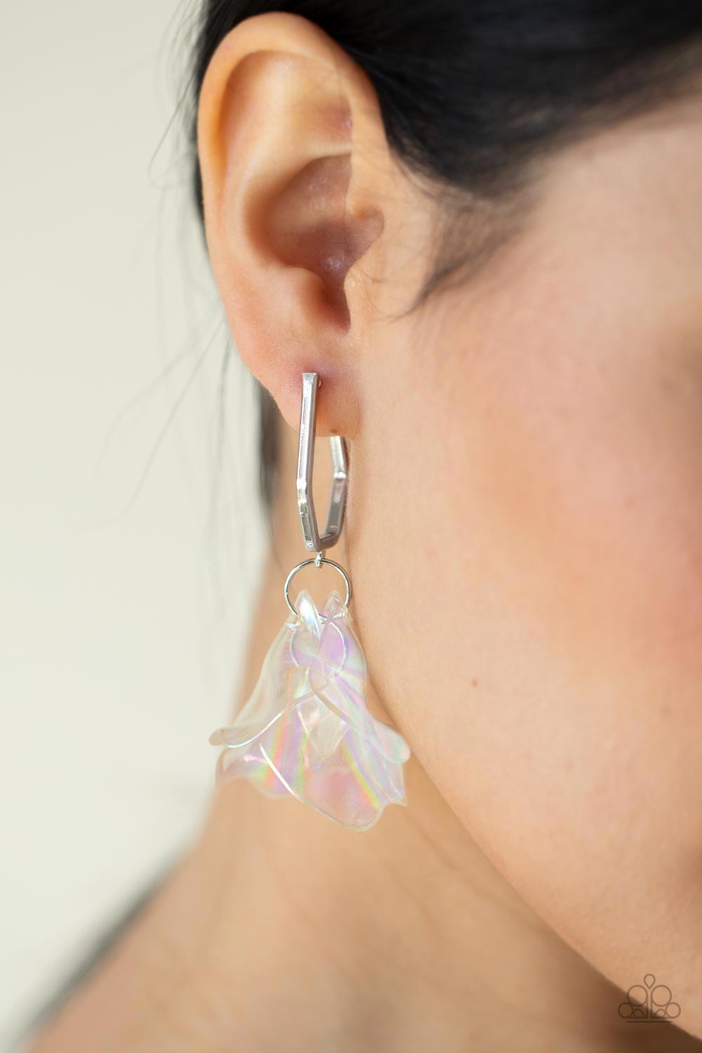 Jaw-Droppingly Jelly Silver Earring - Paparazzi Accessories  A cluster of iridescent acrylic petals swing from the bottom of a dainty silver geometric hoop, creating an ethereal edge. Earring attaches to a standard post fitting. Hoop measures approximately 1" in diameter.  Sold as one pair of hoop earrings.