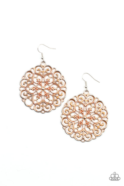 MANDALA Effect Orange Earring - Paparazzi Accessories Item #P5ST-OGXX-021XX Brushed in a rustic orange finish, an oversized mandala-like silver frame swings from the ear for a seasonal pop of color. Earring attaches to a standard fishhook fitting.  Sold as one pair of earrings.