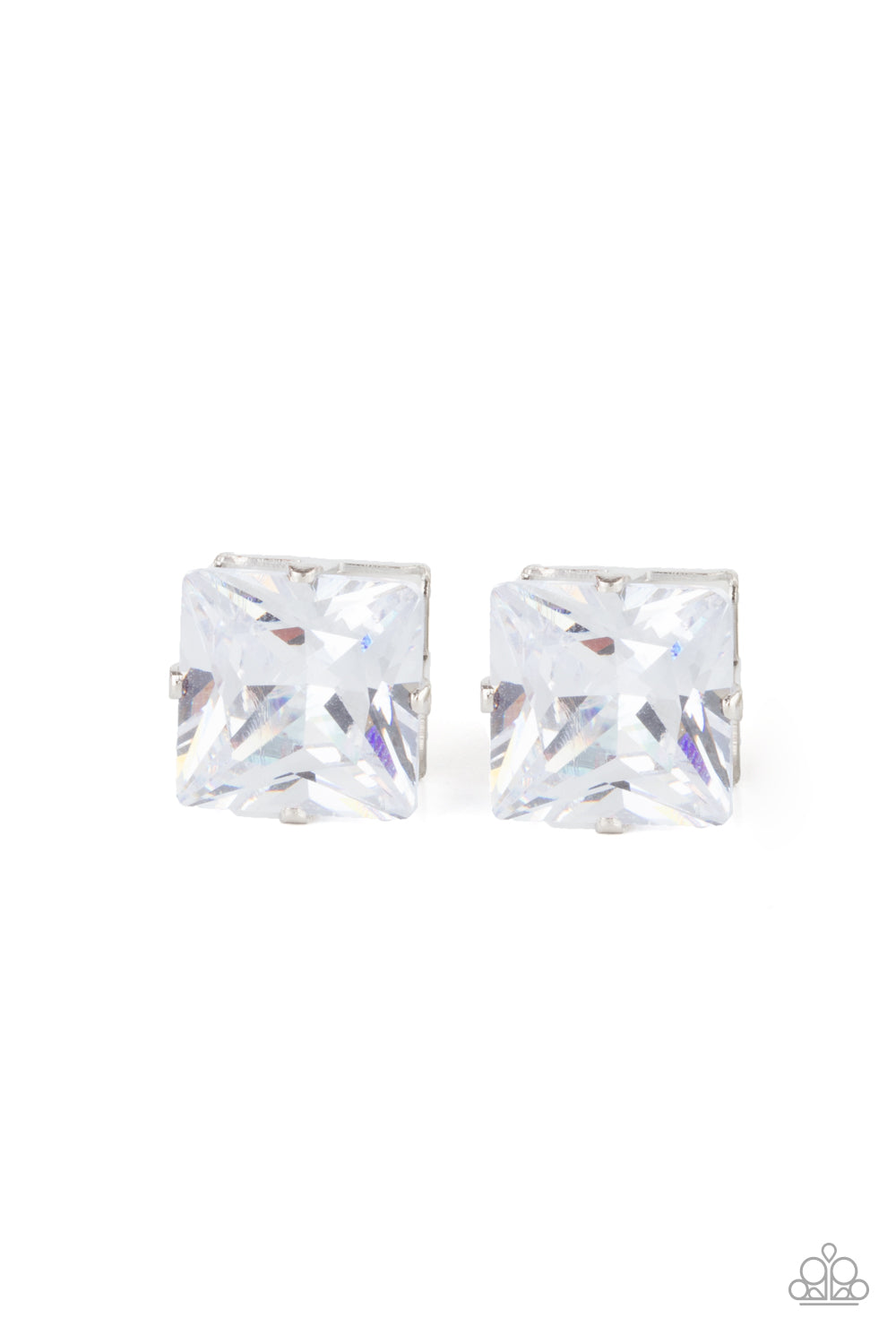 Times Square Timeless White Earring - Paparazzi Accessories  A stunning oversized square rhinestone, set in a classic silver pronged fitting, makes a show-stopping impact as it shines brilliantly and draws attention up to the face. Earring attaches to a standard post fitting.  All Paparazzi Accessories are lead free and nickel free!  Sold as one pair of post earrings.