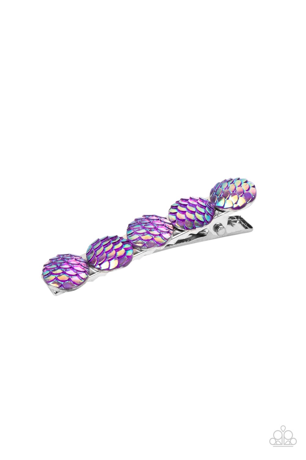 Mesmerizingly Mermaid Purple Hair Clip - Paparazzi Accessories  Brushed in an iridescent finish, a row of purple scale-like beads adorn the front of a rectangular silver frame for a Mer-mazing finish. Features a standard hair clip on the back.  All Paparazzi Accessories are lead free and nickel free!   Sold as one individual hair clip.