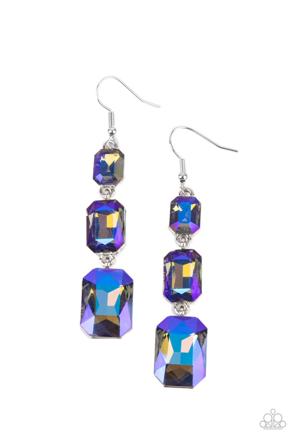 Cosmic Red Carpet Blue Earring - Paparazzi Accessories  Featuring a dazzling blue and gold UV shimmer, a trio of emerald-cut gems in graduating sizes is linked one below the other for a dramatic red carpet finish. Earring attaches to a standard fishhook fitting.  Sold as one pair of earrings.