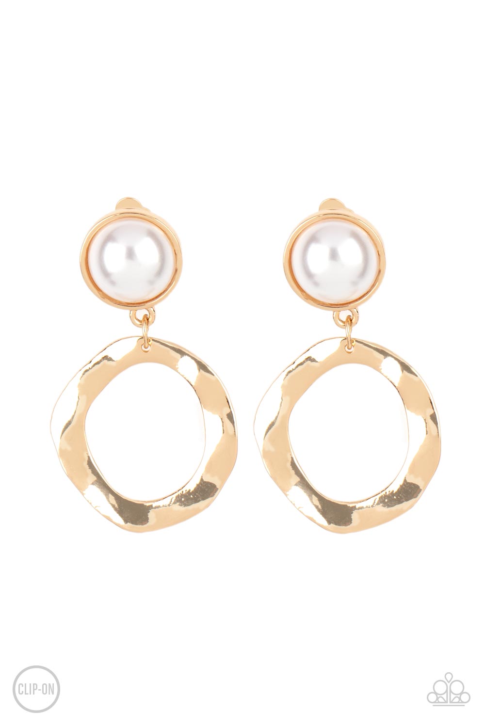 Vintage Veracity Gold Clip-On Earring - Paparazzi Accessories  Delicately hammered in light-catching shimmer, an asymmetrical gold hoop swings from the bottom of an oversized pearl-drop fitting for a vintage flair. Earring attaches to a standard clip-on fitting.  Sold as one pair of clip-on earrings.