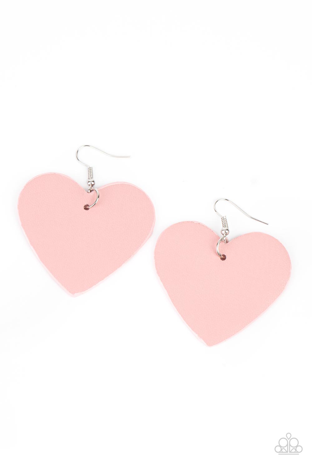 Country Crush Pink Leather Heart Earring - Paparazzi Accessories  A pink leather heart frame swings from the ear for a flirtatious pop of color. Earring attaches to a standard fishhook fitting.  Sold as one pair of earrings.