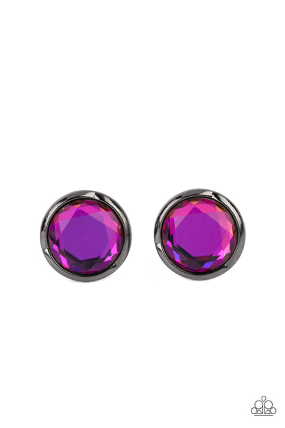 Double-Take Twinkle Oil Spill Post Earring - Paparazzi Accessories  Featuring a flashy faceted finish, an oversized oil spill gem is pressed into a sleek gunmetal fitting for a dramatic pop of dazzle. Earring attaches to a standard post fitting.  Sold as one pair of post earrings.