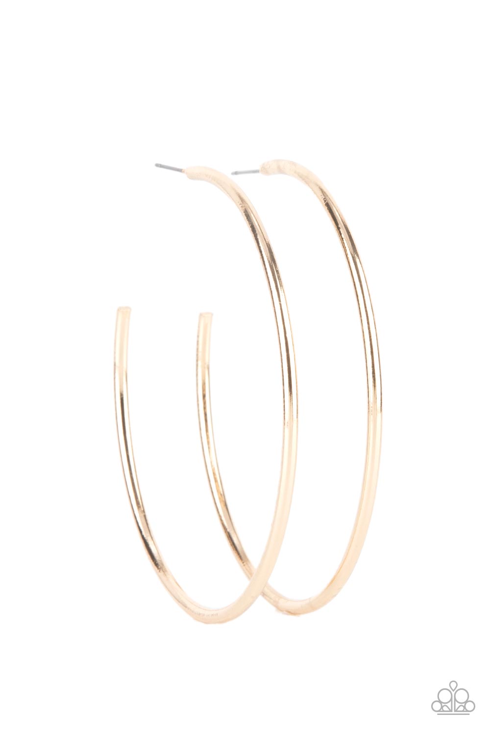 Mega Metro Gold Hoop Earring - Paparazzi Accessories  Featuring a high sheen, a polished gold hoop stands out in a mega way creating a trendy display as it wraps around the ear. Earring attaches to a standard post fitting. Hoop measures approximately 3" in diameter.  Sold as one pair of hoop earrings.