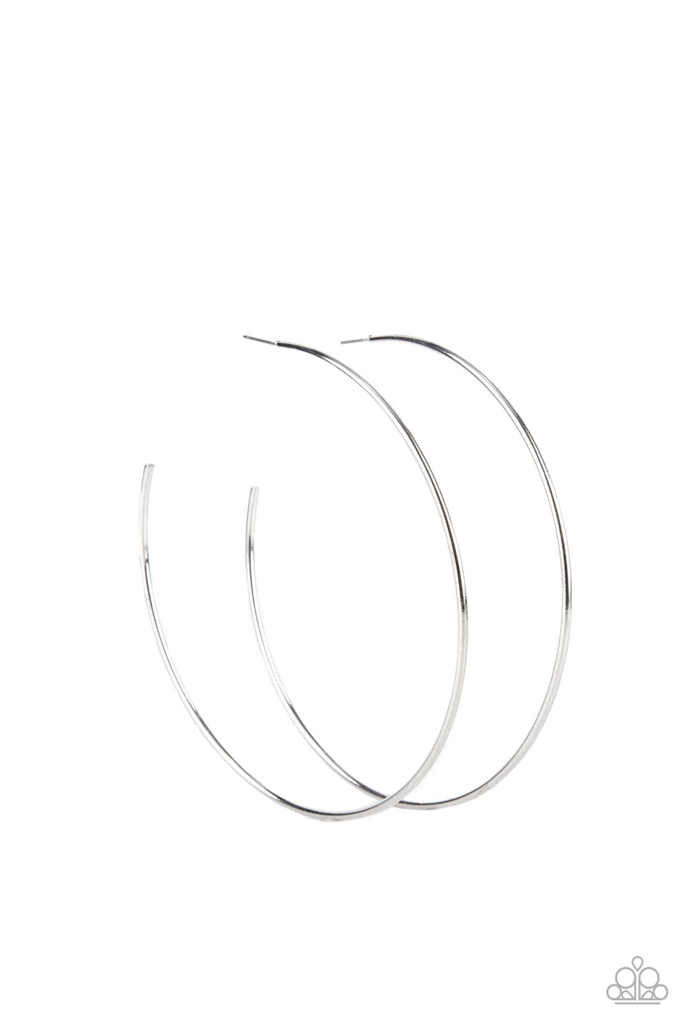 Colossal Couture Silver Hoop Earring - Paparazzi Accessories  A classic silver bar curls into an outrageously oversized hoop for a trendsetting look. Earring attaches to a standard post fitting. Hoop measures approximately 4" in diameter.  Sold as one pair of hoop earrings.  P5HO-SVXX-273XX