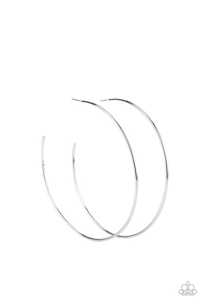 Colossal Couture Silver Hoop Earring - Paparazzi Accessories  A classic silver bar curls into an outrageously oversized hoop for a trendsetting look. Earring attaches to a standard post fitting. Hoop measures approximately 4" in diameter.  Sold as one pair of hoop earrings.  P5HO-SVXX-273XX