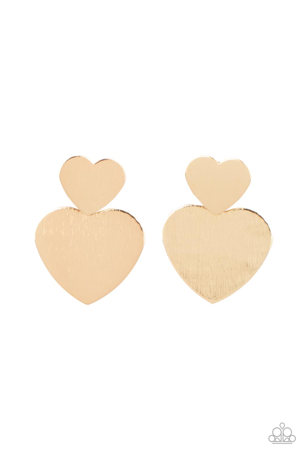 Heart-Racing Refinement - Gold Item #P5PO-GDXX-175XX Delicately scratched in shimmer, a dainty gold heart frame delicately links with a larger gold heart frame for a flirtatiously layered look. Earring attaches to a standard post earring.  Sold as one pair of post earrings.