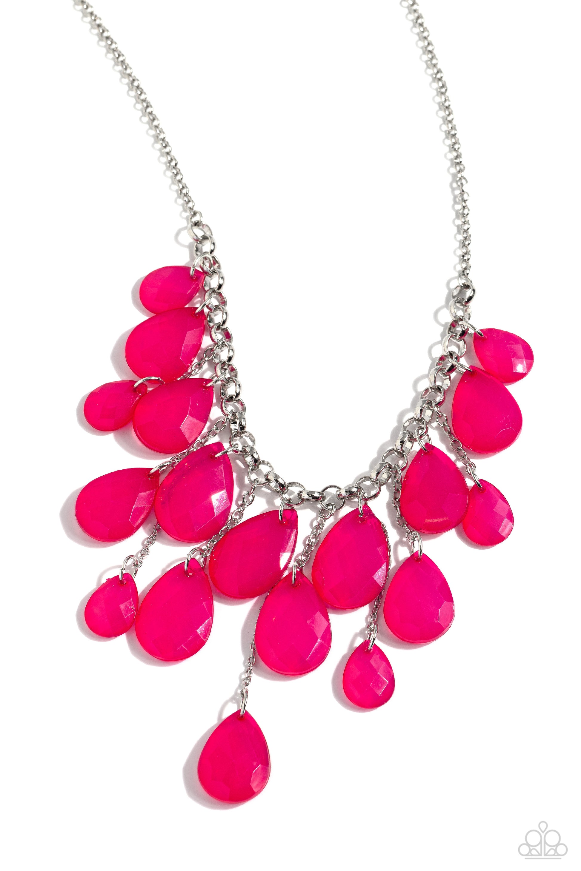 Front Row Flamboyance Pink Necklace - Paparazzi Accessories  Varying in size, an opaque collection of faceted pink teardrops trickle along a chunky silver chain. Infused with dainty silver chains, additional teardrop beads swing from the effervescent fringe at varying lengths for a glamorous finish. Features an adjustable clasp closure.  Sold as one individual necklace. Includes one pair of matching earrings.  P2ST-PKXX-108XX