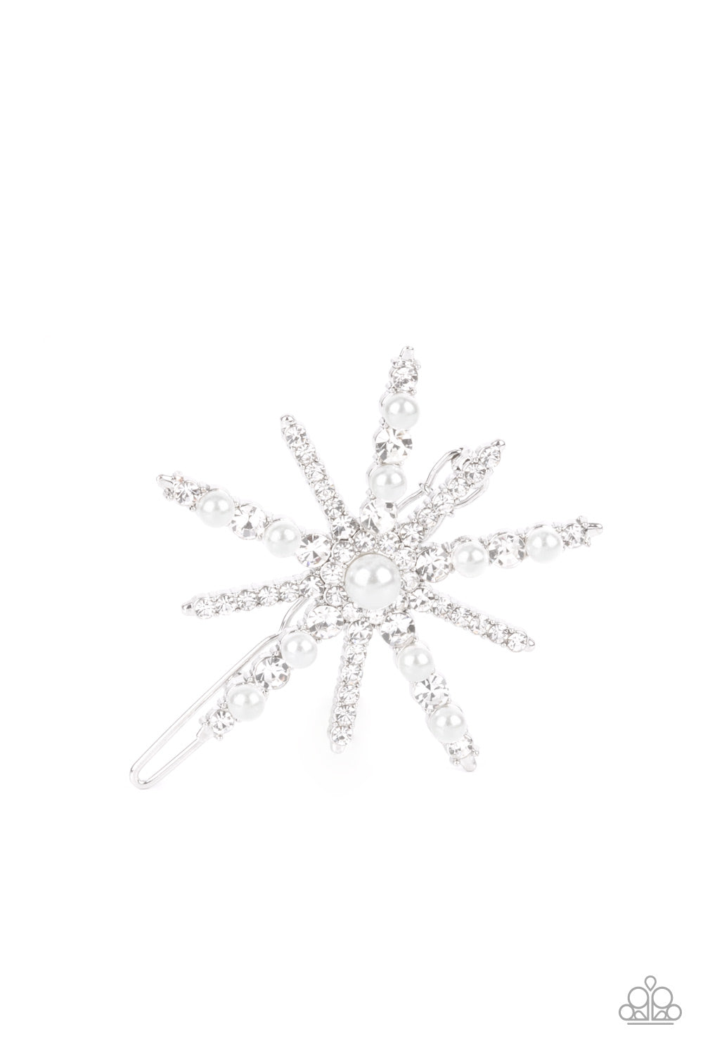 Leading Luminary White Hair Clip - Paparazzi Accessories  Featuring a dainty pearl drop center, a bubbly collection of dainty pearls and glassy white rhinestones encrust the front of a silver star shaped frame for a stellar finish. Features a clamp barrette closure.  Sold as one individual barrette.