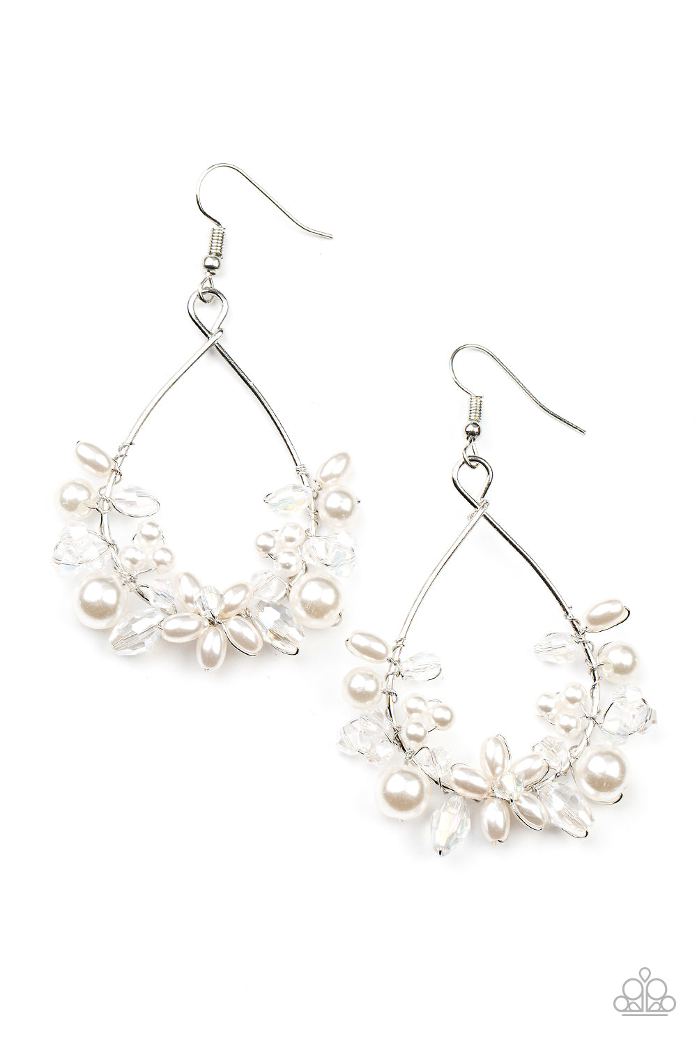 Marina Banquet White Pearl Earring - Paparazzi Accessories  A bubbly collection of white pearls and white crystal-like beads are threaded along the bottom of a dainty wire hoop, creating twinkly floral accents. Earring attaches to a standard fishhook fitting.  Sold as one pair of earrings.