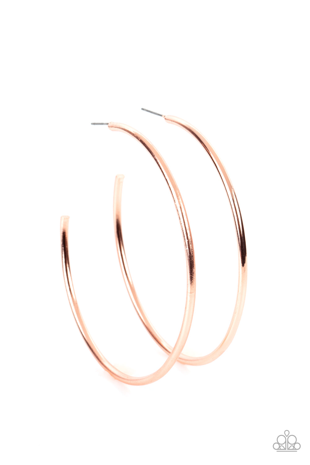 Mega Metro - Copper Item #P5HO-CPSH-141XX Featuring a high sheen, a polished copper hoop stands out in a mega way creating a trendy display as it wraps around the ear. Earring attaches to a standard post fitting. Hoop measures approximately 3" in diameter.  Sold as one pair of hoop earrings.