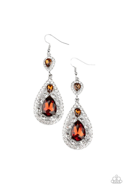 Posh Pageantry Brown Earring - Paparazzi Accessories  Three teardrop topaz rhinestones adorn white rhinestone encrusted silver frames that link into an elegant teardrop lure for a flawless fashion. Earring attaches to a standard fishhook fitting.  Sold as one pair of earrings.