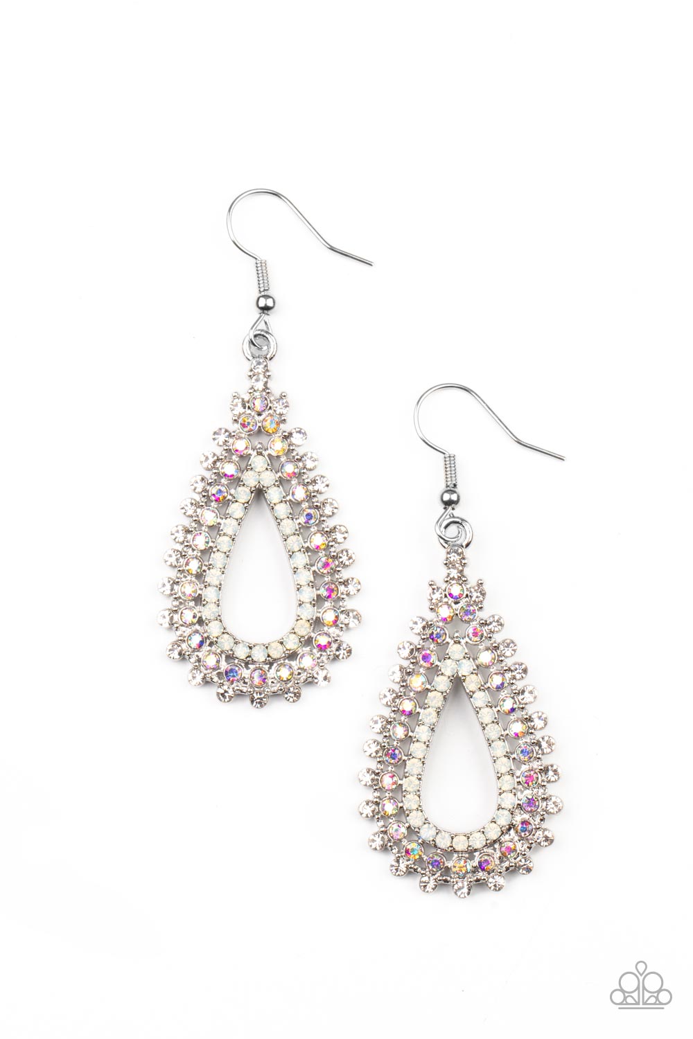 The Works Multi Earring - Paparazzi Accessories  Glittery rows of white, iridescent, and opal rhinestones stack into a solitaire sparkly teardrop frame for a glamorous fashion. Earring attaches to a standard fishhook fitting.  Sold as one pair of earrings.