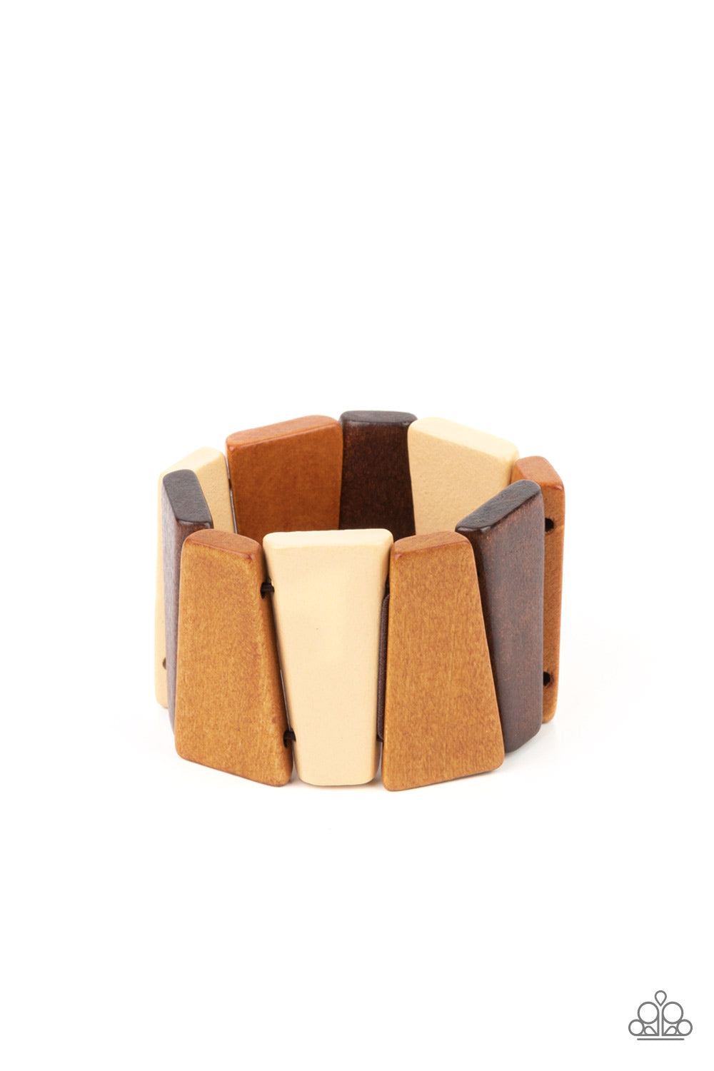 Barbados Backdrop Multi Wood Bracelet - Paparazzi Accessories  Tinted in various shades of brown, chunky triangular wooden frames are threaded along stretchy bands around the wrist for an earthy look.  Sold as one individual bracelet.