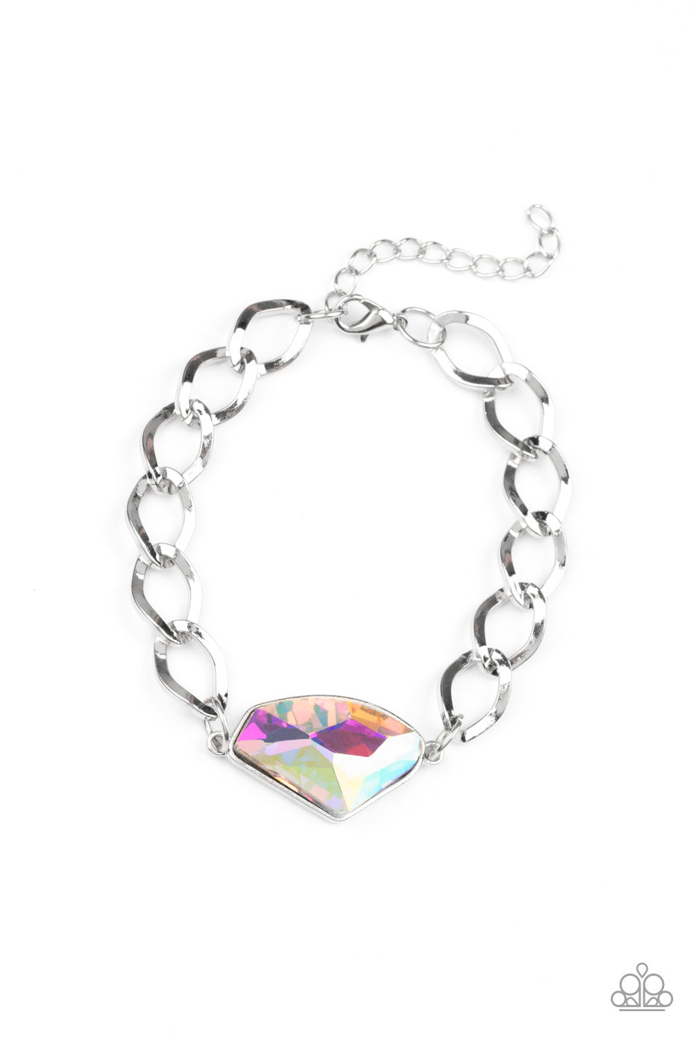 Galactic Grunge Multi Bracelet - Paparazzi Accessories  Featuring a UV shimmer, a raw cut multi gem is pressed into a sleek silver frame that attaches to a bold silver chain around the wrist for a glitzy grunge fashion. Features an adjustable clasp closure.  Sold as one individual bracelet.