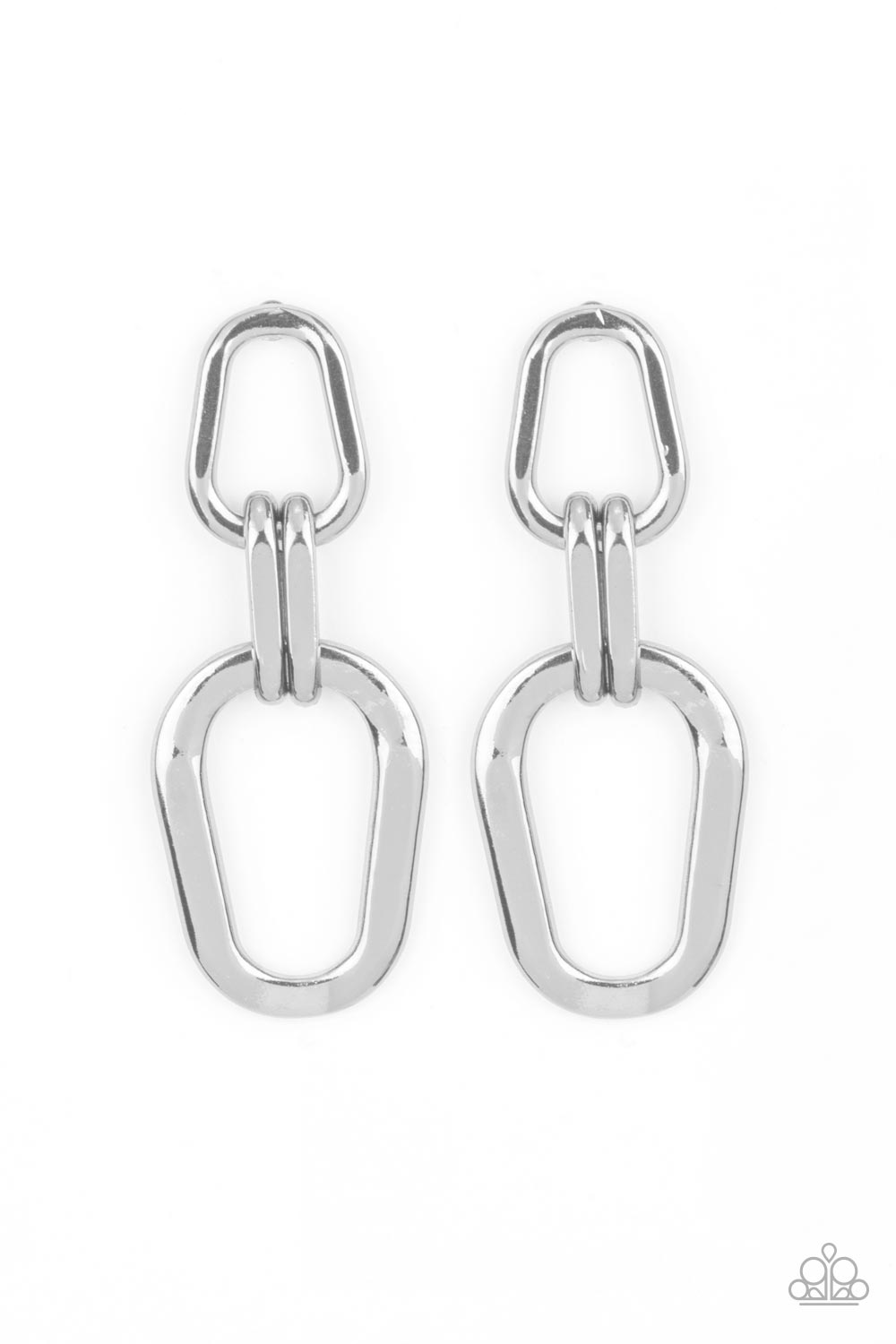 Harmonic Hardware - Silver Item #P5PO-SVXX-216XX A collection of asymmetrical silver oval frames boldly link into an edgy lure, resulting in an intense industrial statement piece. Earring attaches to a standard post fitting.  Sold as one pair of post earrings.