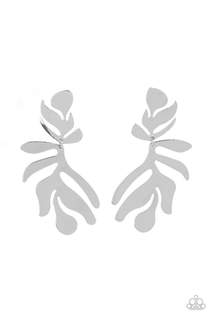 Palm Picnic Silver Earring - Paparazzi Accessories  A flat and leafy silver frame swings from the bottom of a matching fitting, creating a trendy seasonal lure. Earring attaches to a standard post fitting.  Sold as one pair of post earrings.