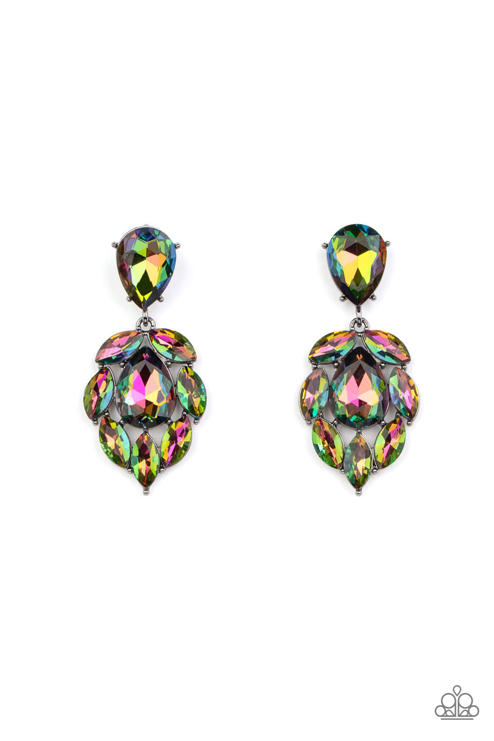 Galactic Go-Getter Multi Post Earring - Paparazzi Accessories  A stellar collection of marquise cut oil spill rhinestones nestle around an oversized teardrop oil spill rhinestone, creating a dramatically stellar display at the bottom of a matching oil spill teardrop rhinestone. Earring attaches to a standard post fitting.  Sold as one pair of post earrings.