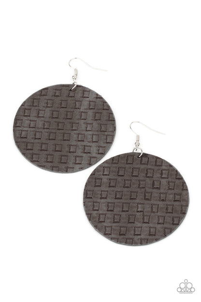 WEAVE Me Out Of It - Silver Item #P5SE-SVXX-162XX Featuring a faux woven pattern a leathery gray frame swings from the ear for an earthy artisan fashion. Earring attaches to a standard fishhook fitting.  Sold as one pair of earrings.