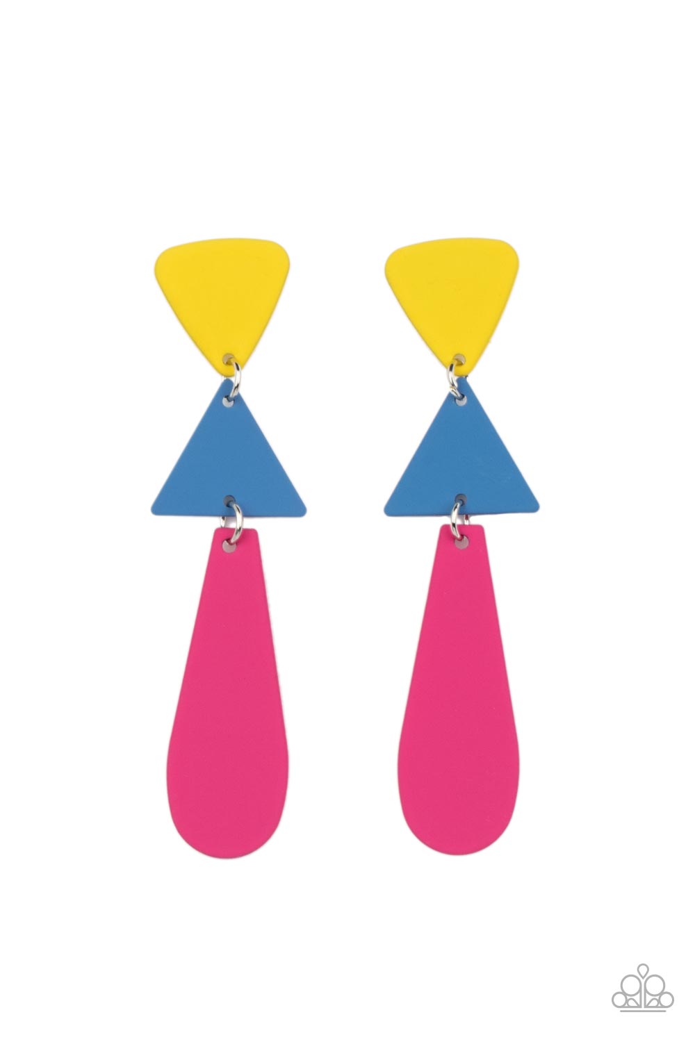 Retro Redux Multi Earring - Paparazzi Accessories  Featuring a flat matte finish, an Illuminating triangle, a French Blue triangle, and an oval Fuchsia Fedora frame delicately links into a colorfully retro lure. Earring attaches to a standard post fitting.  Sold as one pair of post earrings.