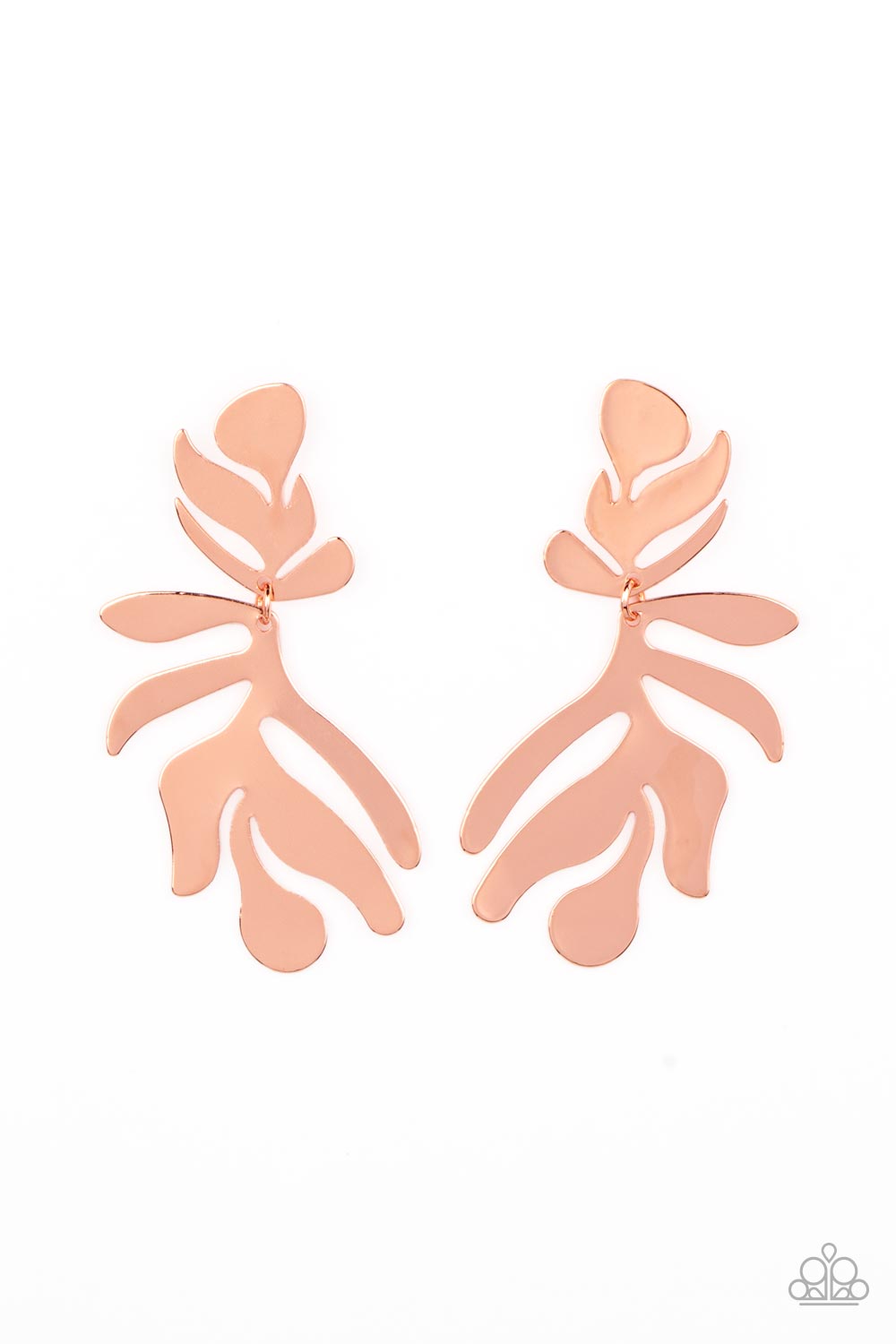 Palm Picnic - Copper Item #P5PO-CPSH-039XX A flat and leafy shiny copper frame swings from the bottom of a matching fitting, creating a trendy seasonal lure. Earring attaches to a standard post fitting.  Sold as one pair of post earrings.