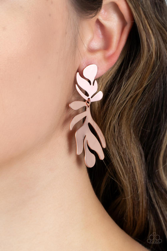 Palm Picnic - Copper Item #P5PO-CPSH-039XX A flat and leafy shiny copper frame swings from the bottom of a matching fitting, creating a trendy seasonal lure. Earring attaches to a standard post fitting.  Sold as one pair of post earrings.