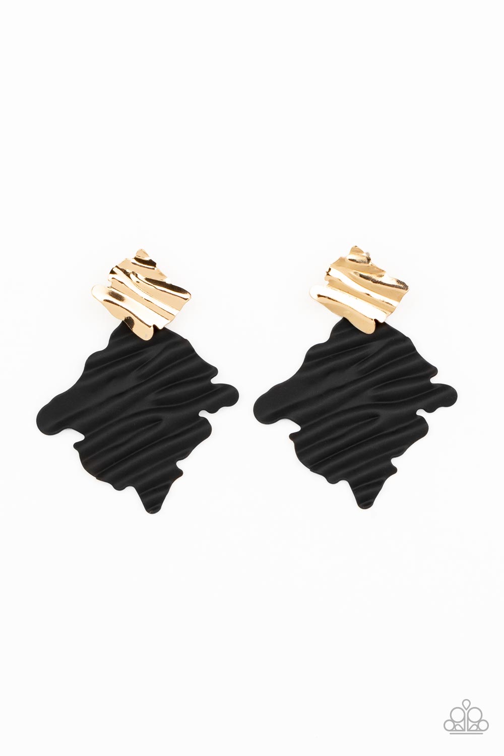 Crimped Couture Gold Post Earring - Paparazzi Accessories  Painted in a matte finish, a rippling black frame links to a dainty gold frame featuring crimped texture, resulting in a modern lure. Earring attaches to a standard post fitting.  Sold as one pair of post earrings.