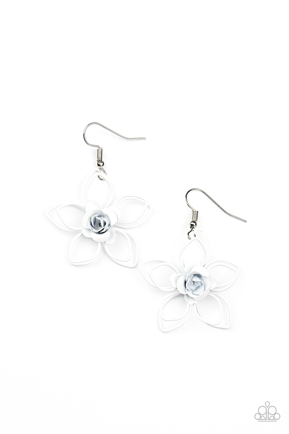 Botanical Bonanza White Earring - Paparazzi Accessories  A dainty white rosebud blooms from the center of a layered white wire flower, creating a beautiful floral frame. Earring attaches to a standard fishhook fitting.  Sold as one pair of earrings.