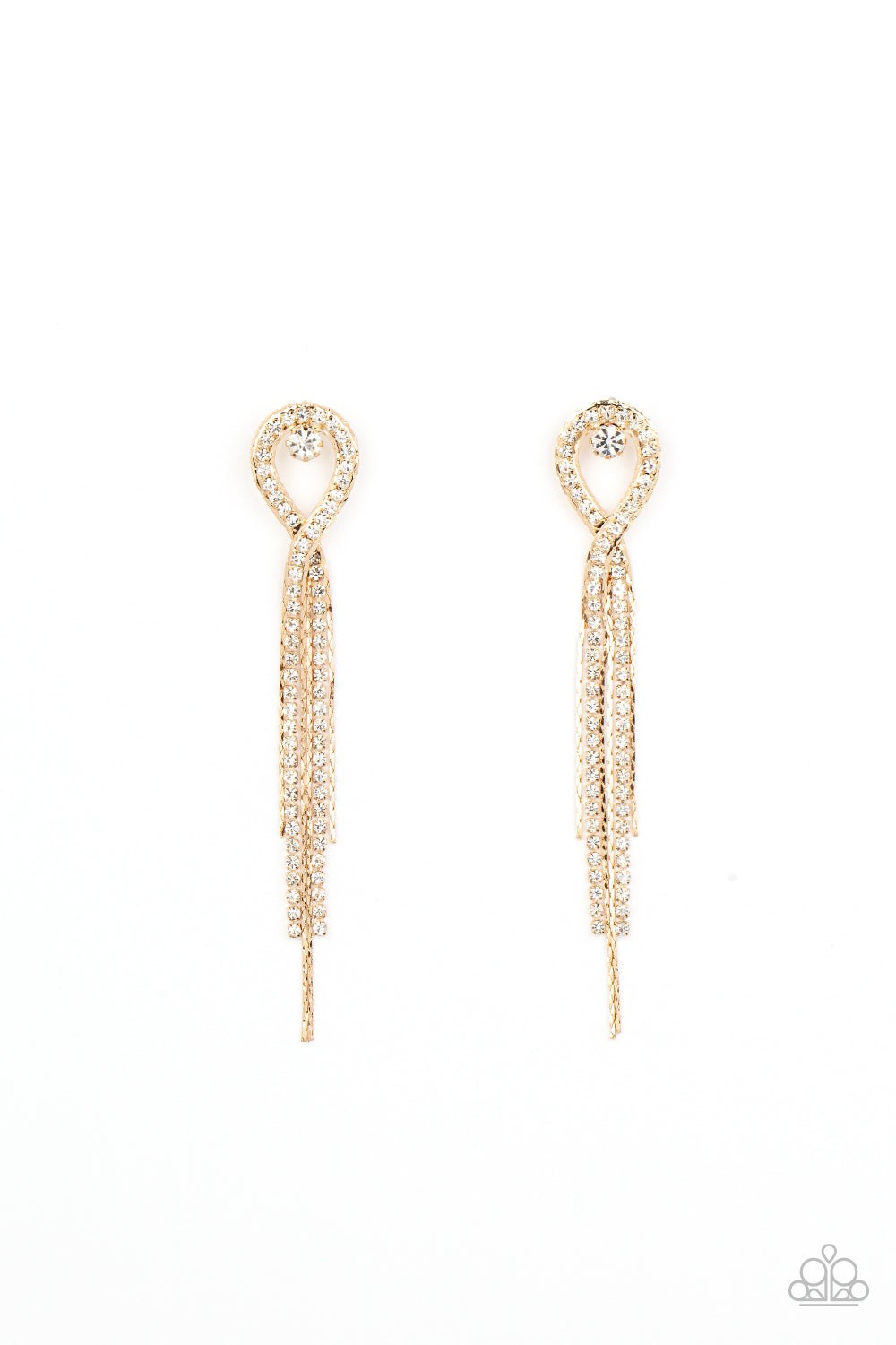 Luxury Lasso Gold Earring - Paparazzi Accessories  A lasso of glassy white rhinestones nestles around a solitaire white rhinestone, while a tassel of flat gold chains stream out from the bottom for a glamorous finish. Earring attaches to a standard post fitting.  Sold as one pair of post earrings.