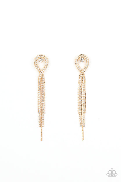 Luxury Lasso Gold Earring - Paparazzi Accessories  A lasso of glassy white rhinestones nestles around a solitaire white rhinestone, while a tassel of flat gold chains stream out from the bottom for a glamorous finish. Earring attaches to a standard post fitting.  Sold as one pair of post earrings.