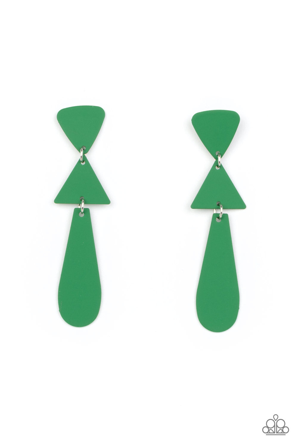 Retro Redux Green Post Earring - Paparazzi Accessories  Featuring a matte Leprechaun finish, two triangles and an oval frame delicately links into a colorfully retro lure. Earring attaches to a standard post fitting.  Sold as one pair of post earrings.
