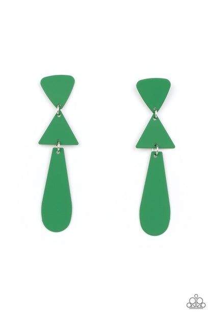 Retro Redux Green Post Earring - Paparazzi Accessories  Featuring a matte Leprechaun finish, two triangles and an oval frame delicately links into a colorfully retro lure. Earring attaches to a standard post fitting.  Sold as one pair of post earrings.