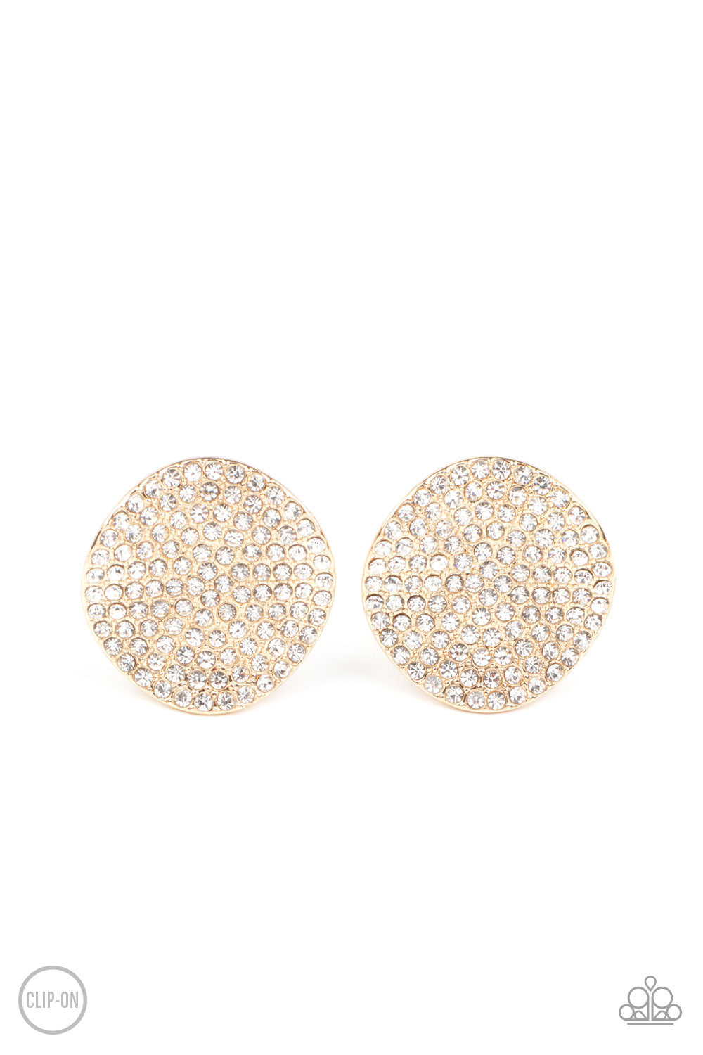 Lunch at the Louvre - Gold Item #P5CO-GDXX-073XX The front of a warped gold disc is encrusted in row after row of blinding white rhinestones, resulting in a refined display. Earring attaches to a standard clip-on fitting.  Sold as one pair of clip-on earrings.