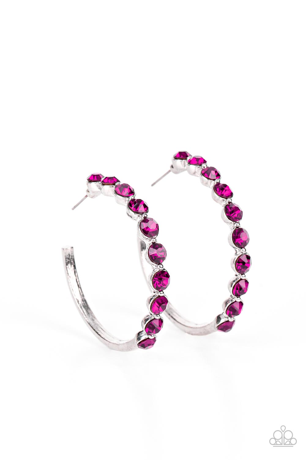 Photo Finish Pink Hoop Earring - Paparazzi Accessories  The front of a bold silver hoop is encrusted in flamboyant Fuchsia Fedora rhinestones, creating a glamorous pop of sparkle. Earring attaches to a standard post fitting. Hoop measures approximately 1 3/4" in diameter.  Sold as one pair of hoop earrings.